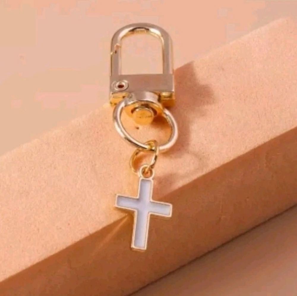 Gold and White Cross Keychain